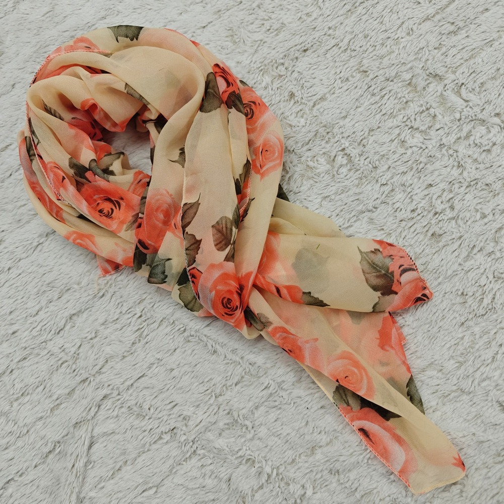 Lightweight Sheer Chiffon Scarf Peach Rose Print Floral‎ Feminine Romantic